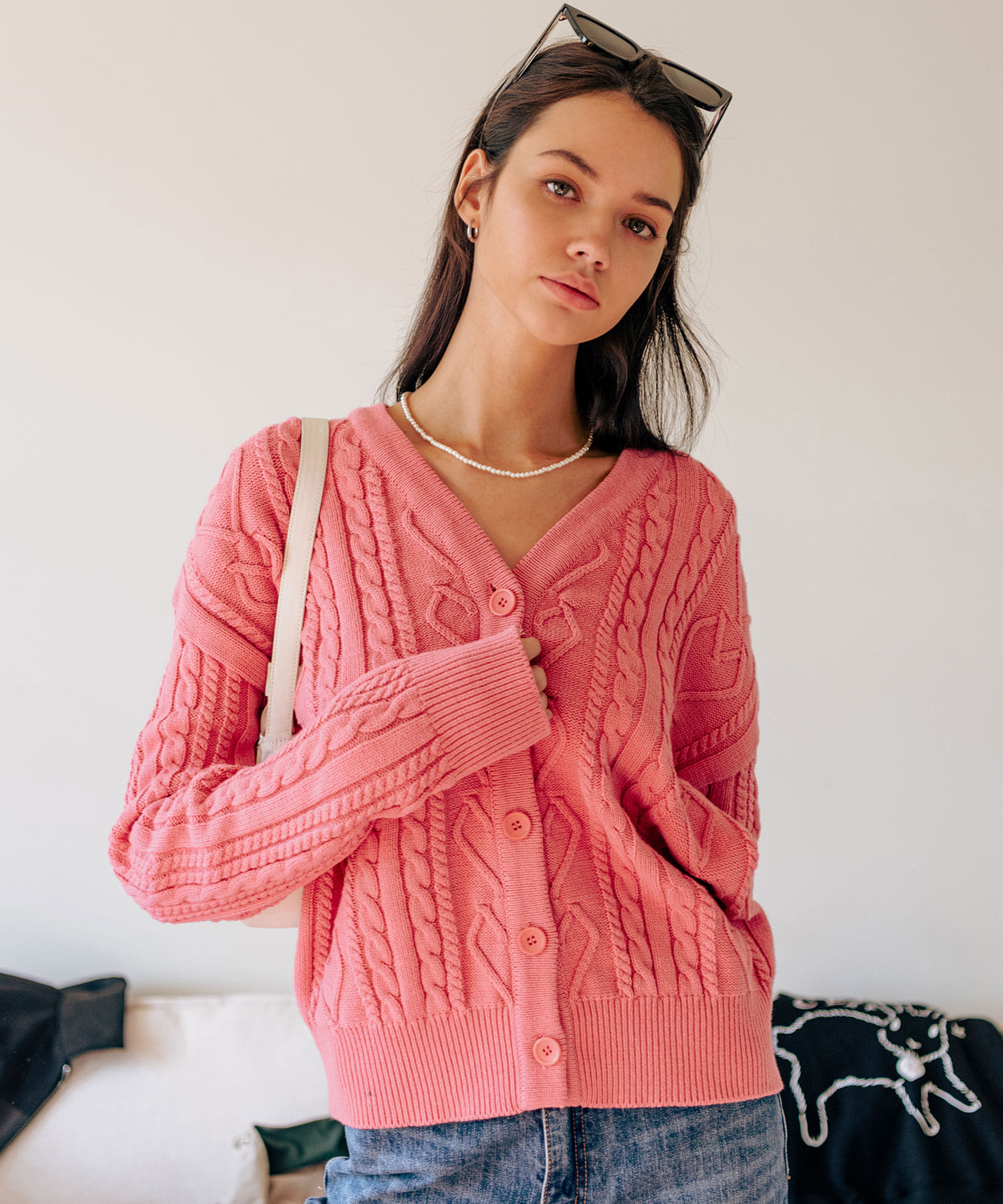 Heart Cable Cardigan-Pink