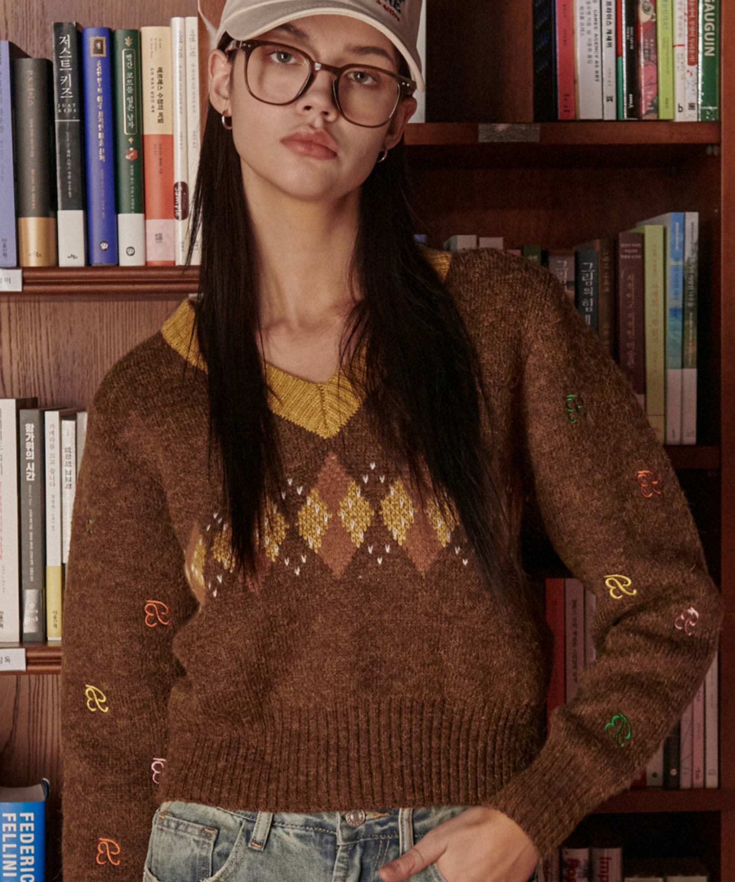 Wool Argyle Logo Sweater-Brown